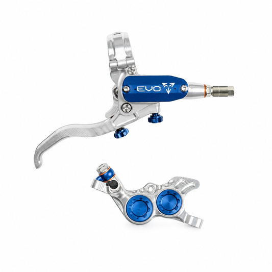 Frein HOPE TECH 4 EVO GR4 Argent/Bleu — levier et étrier sur fond blanc