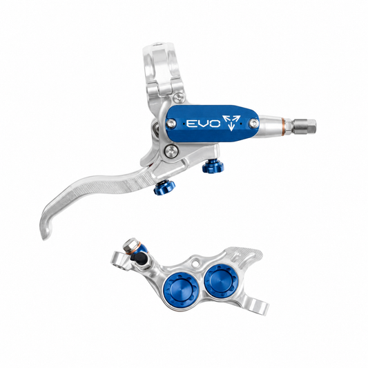 Frein HOPE TECH 4 EVO TR4 Argent/Bleu — levier et étrier sur fond blanc