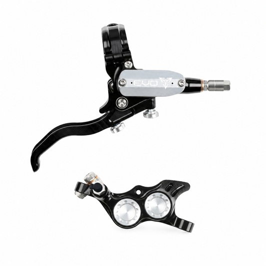 HOPE TECH 4 EVO TR4 Bremse Schwarz/Silber — Bremshebel und Bremssattel vor weißem Hintergrund