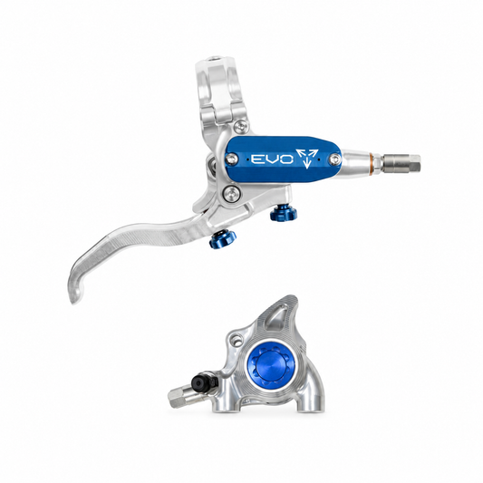 Frein HOPE TECH 4 EVO X2 FM Argent/Bleu — levier et étrier sur fond blanc