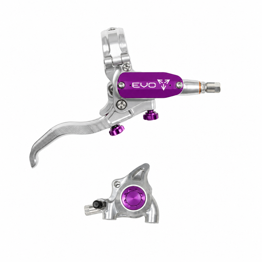 HOPE TECH 4 EVO X2 FM Bremse in Silber/Violett — Bremshebel und Bremssattel vor weißem Hintergrund