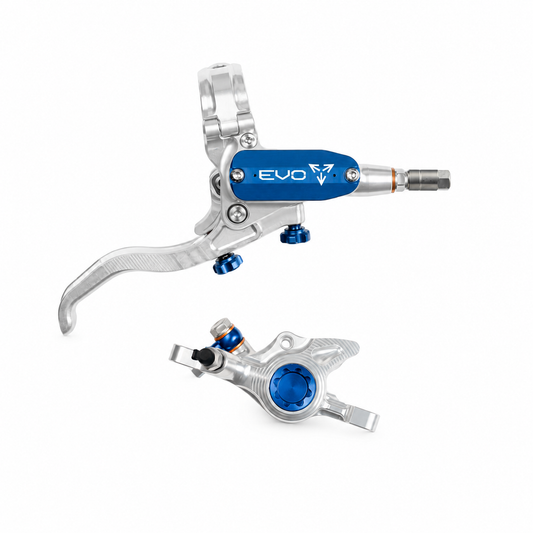 Frein HOPE TECH 4 EVO X2 PM Argent/Bleu — levier et étrier sur fond blanc
