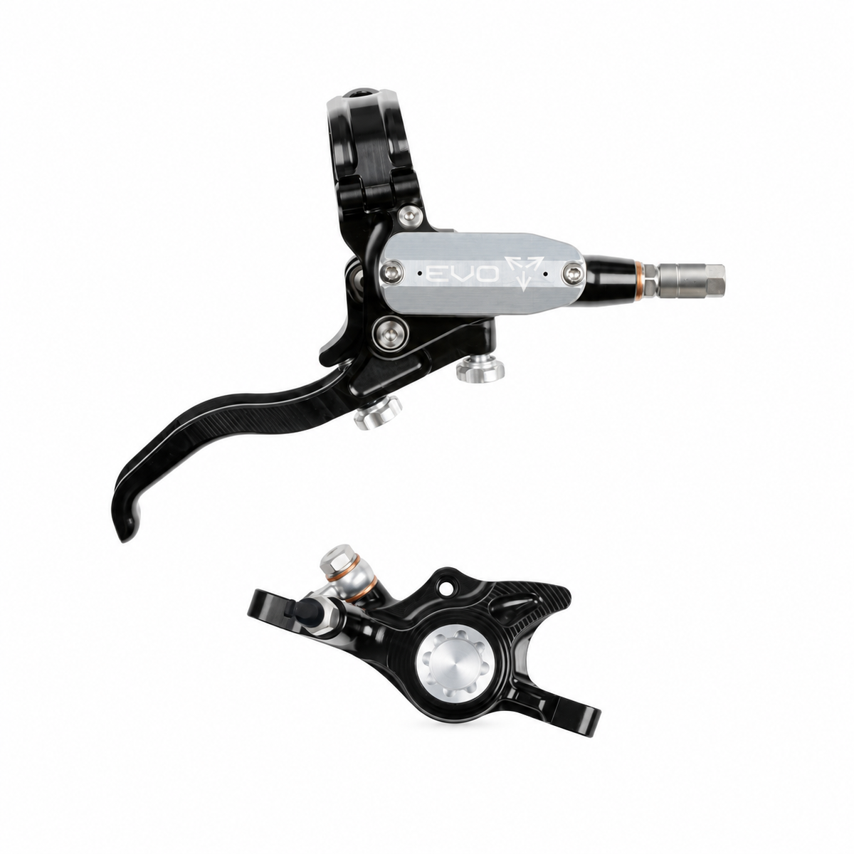 HOPE TECH 4 EVO X2 PM Bremse in Schwarz/Silber — Bremshebel und Bremssattel vor weißem Hintergrund