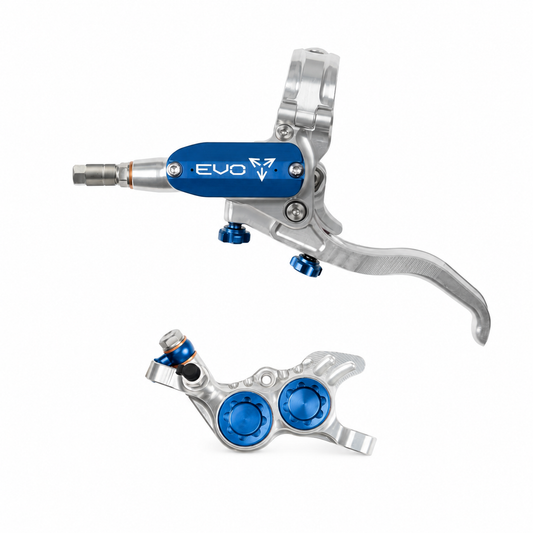 Frein HOPE TECH 4 EVO GR4 Argent/Bleu — levier et étrier sur fond blanc