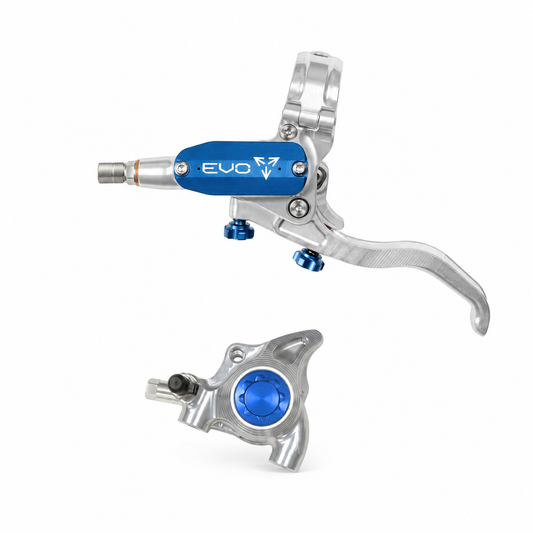 Frein HOPE TECH 4 EVO X2 FM Argent/Bleu — levier et étrier sur fond blanc