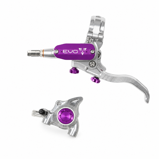 HOPE TECH 4 EVO X2 FM Bremse in Silber/Violett — Bremshebel und Bremssattel vor weißem Hintergrund
