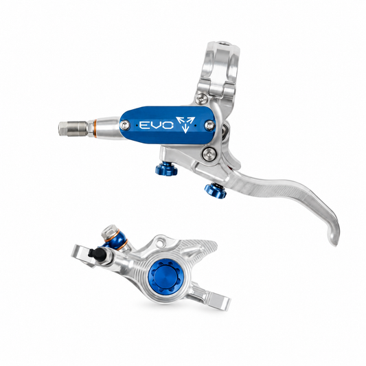 Frein HOPE TECH 4 EVO X2 PM Argent/Bleu — levier et étrier sur fond blanc