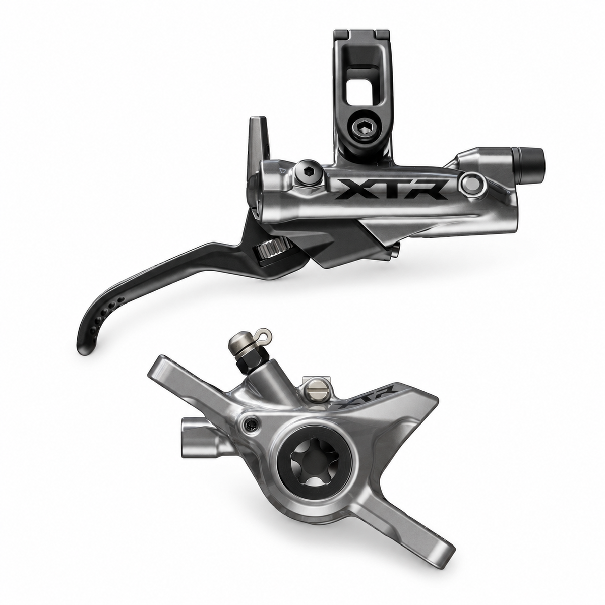 SHIMANO XTR M9220/9200 XC/Trail 2-Kolben-Bremse — Bremshebel und Bremssattel auf weißem Hintergrund