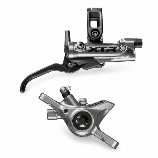 Frein SHIMANO XTR M9220/9200 XC/Trail 2 pistons — levier et étrier sur fond blanc